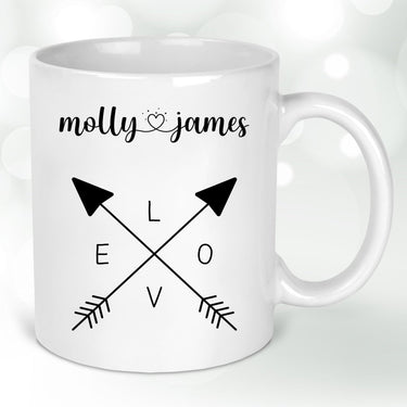 Customised Love Mugs - Anniversary Gift - Couples' Names - Arrow Motif - DENMARY